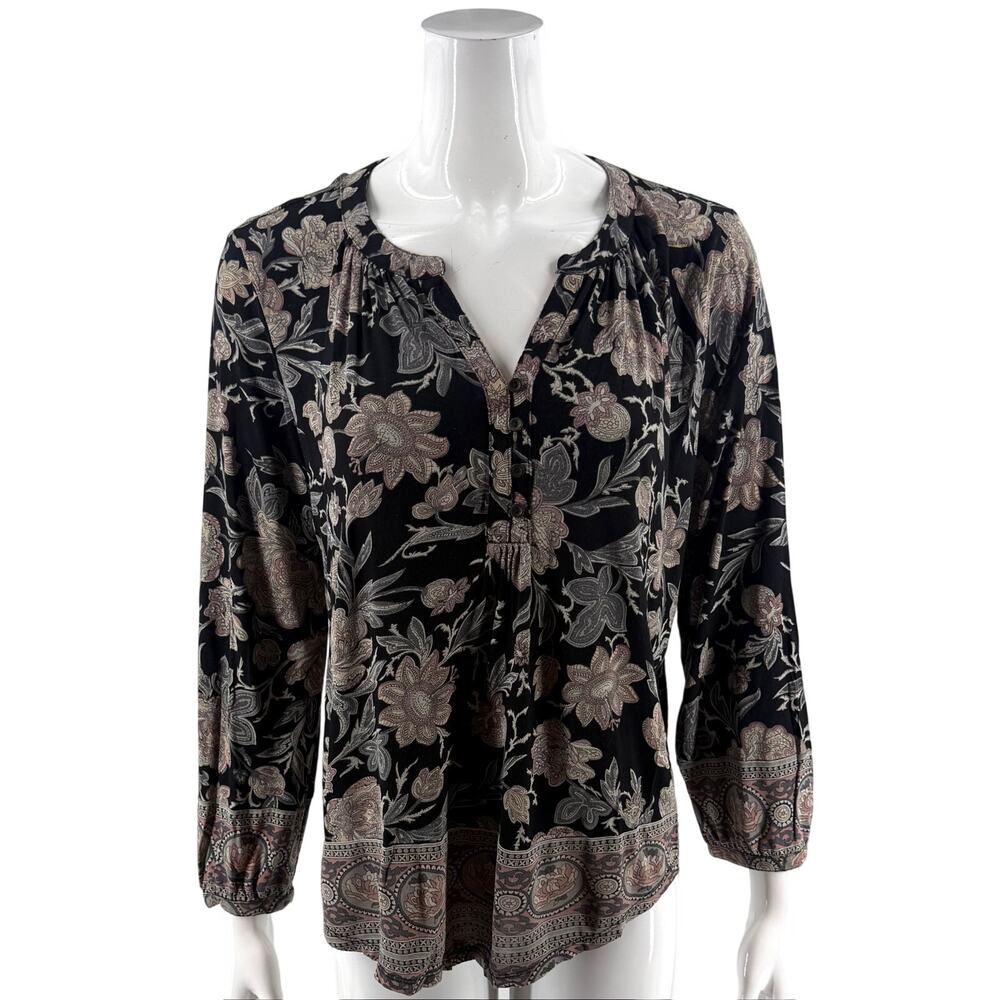 Lucky Brand Womens Top Size Medium Black Pink Gray Floral Knit Shirt Split Neck